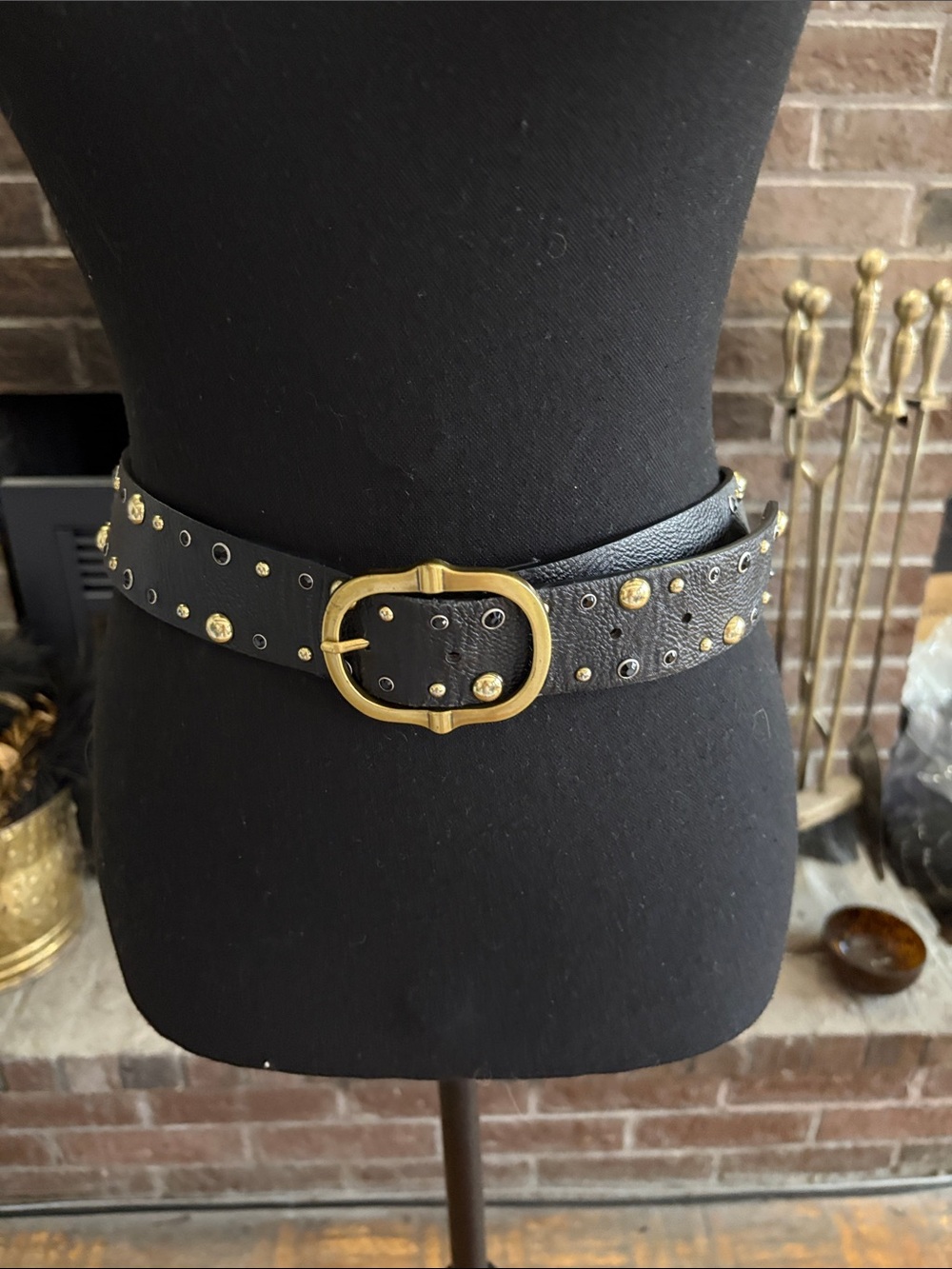 Black Studded Belt with Gold Buckle